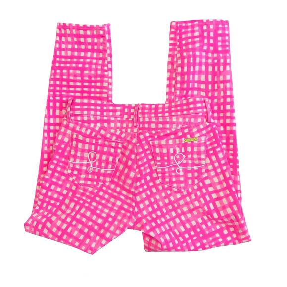 Vintage Lilly Pulitzer Pink Tag Pants – Hot Pink Grid Print Jeans – Size 10 - Picture 2 of 7